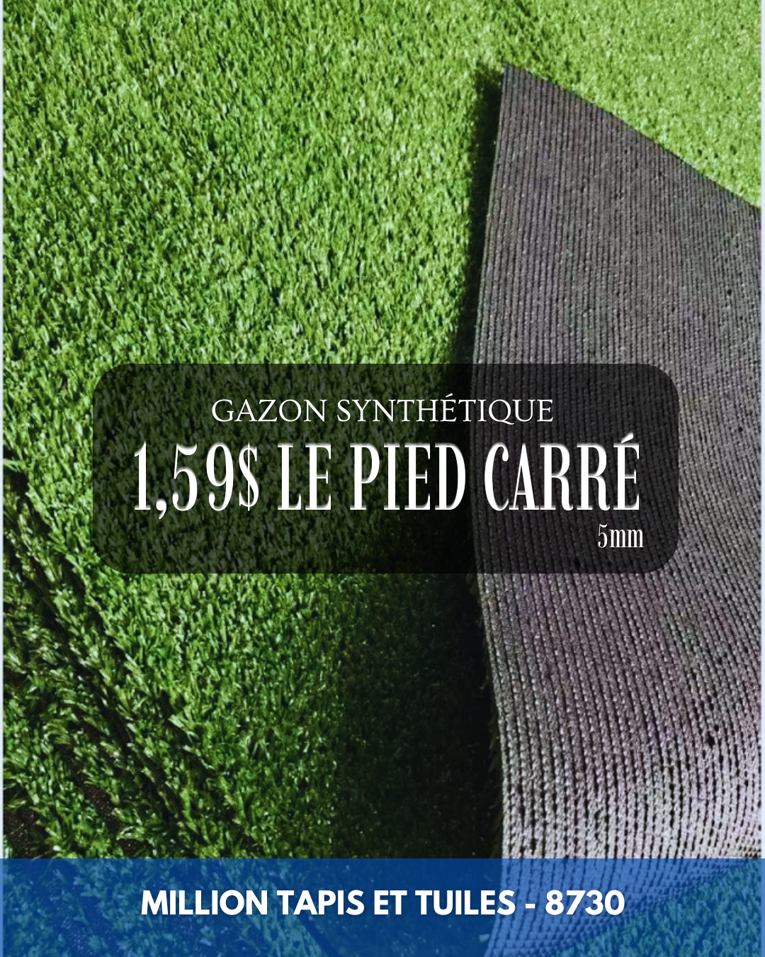 Gazon Synthétique 5mm Extérieur – 1,59$/pi² | Résistant & Économique