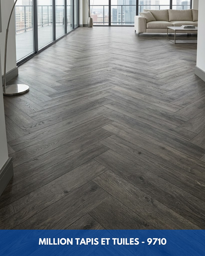 Linoléum Prélart #9710 – Gris Chêne Foncé Chevron – Vinyle en Rouleau 1,89$/pi²