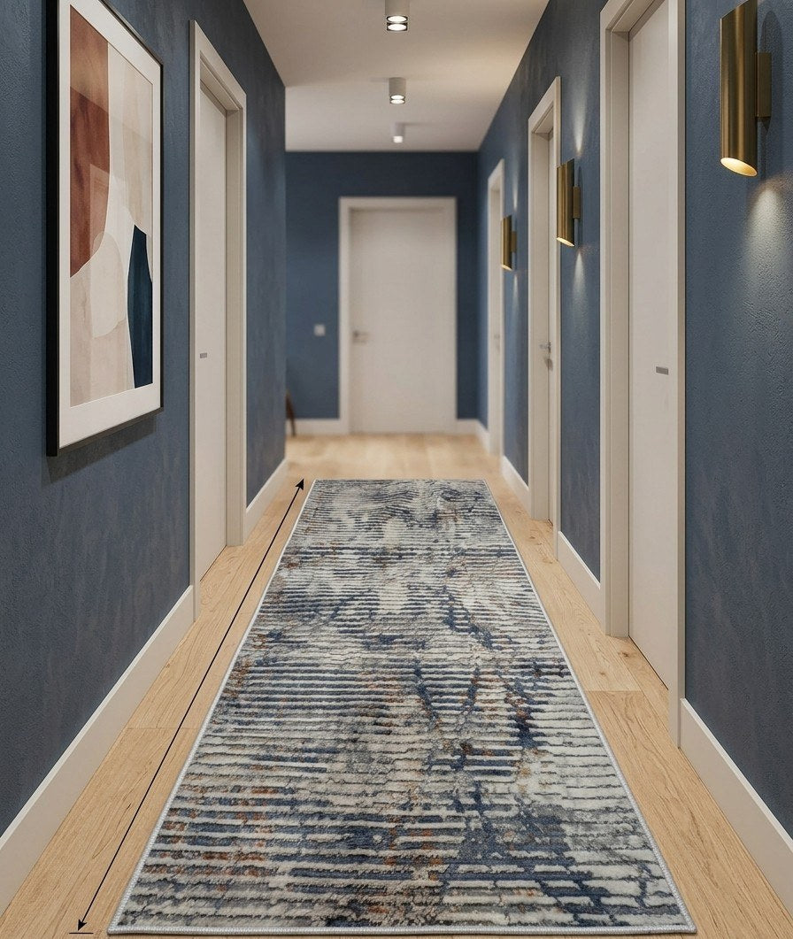 Tapis de passage Symphoni rayures dans un corridor bleu